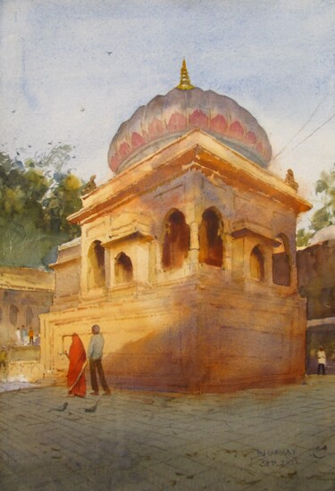 Painting titled "Golden lights, Mahe…" by Bhargavkumar Kulkarni, Original Artwork, Watercolor