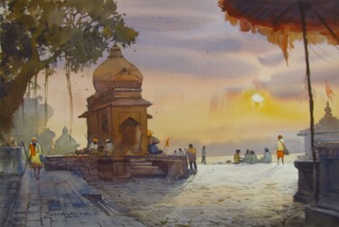 Painting titled "Serene Morning at M…" by Bhargavkumar Kulkarni, Original Artwork, Watercolor