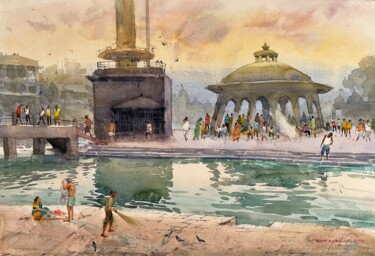 Painting titled "Godavari ghat 3" by Bhargavkumar Kulkarni, Original Artwork, Watercolor