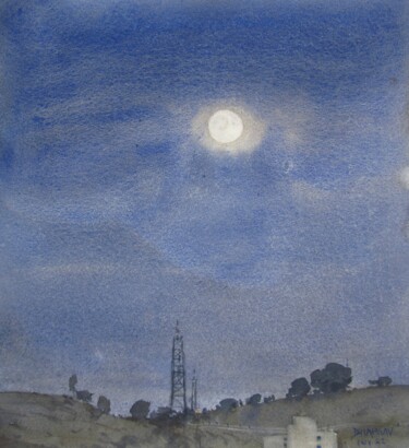 Painting titled "Full Moon over hill" by Bhargavkumar Kulkarni, Original Artwork, Watercolor