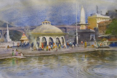 Schilderij getiteld "Godavari ghat" door Bhargavkumar Kulkarni, Origineel Kunstwerk, Aquarel