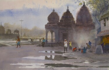 Pittura intitolato "Morning at Godawari…" da Bhargavkumar Kulkarni, Opera d'arte originale, Acquarello