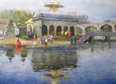 Malerei mit dem Titel "Holy godavari ghat" von Bhargavkumar Kulkarni, Original-Kunstwerk, Aquarell