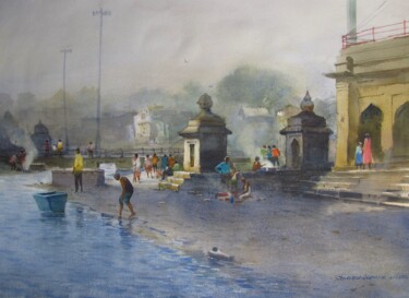 Malerei mit dem Titel "Riverside life" von Bhargavkumar Kulkarni, Original-Kunstwerk, Aquarell