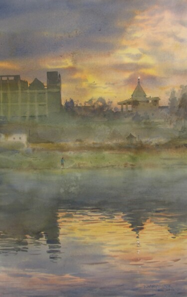 Painting titled "Morning at Krushna…" by Bhargavkumar Kulkarni, Original Artwork, Watercolor