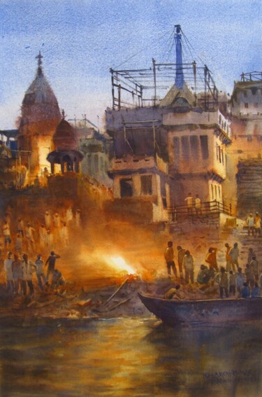 Ζωγραφική με τίτλο "Banaras Ghat" από Bhargavkumar Kulkarni, Αυθεντικά έργα τέχνης, Ακουαρέλα