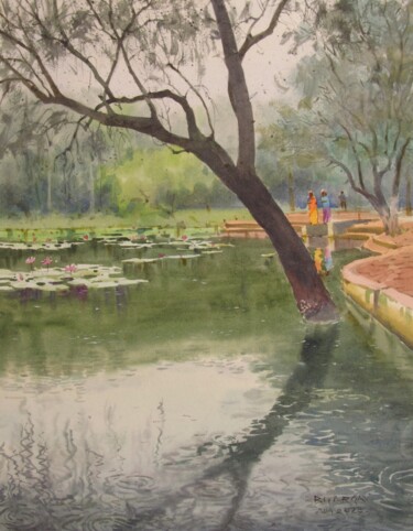 Painting titled "Rainy day at lake" by Bhargavkumar Kulkarni, Original Artwork, Watercolor