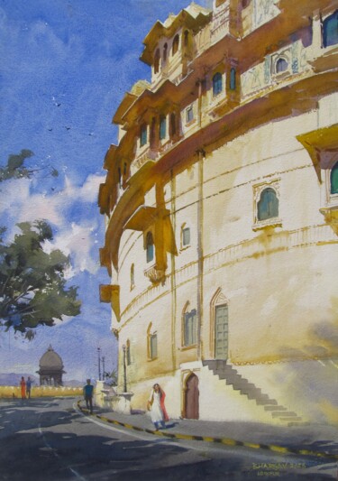 Malerei mit dem Titel "Udaipur Fort" von Bhargavkumar Kulkarni, Original-Kunstwerk, Aquarell