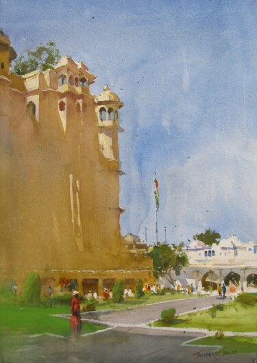 Pintura titulada "Udaipur Fort 2" por Bhargavkumar Kulkarni, Obra de arte original, Acuarela