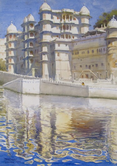 Pintura intitulada "White city,Udaipur" por Bhargavkumar Kulkarni, Obras de arte originais, Aquarela
