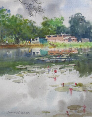 Pintura intitulada "Cloudy day at lakes…" por Bhargavkumar Kulkarni, Obras de arte originais, Aquarela