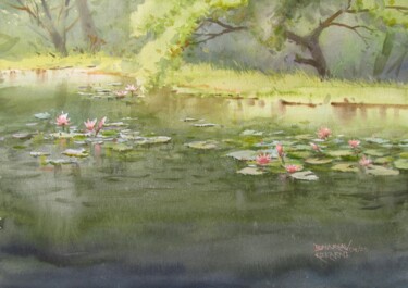 Картина под названием "Water lilies" - Bhargavkumar Kulkarni, Подлинное произведение искусства, Акварель