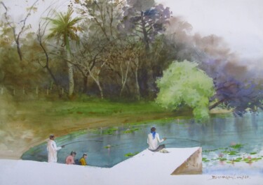 Картина под названием "Fishing at lakeside" - Bhargavkumar Kulkarni, Подлинное произведение искусства, Акварель