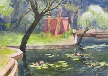 Painting titled "Pond in garden with…" by Bhargavkumar Kulkarni, Original Artwork, Watercolor