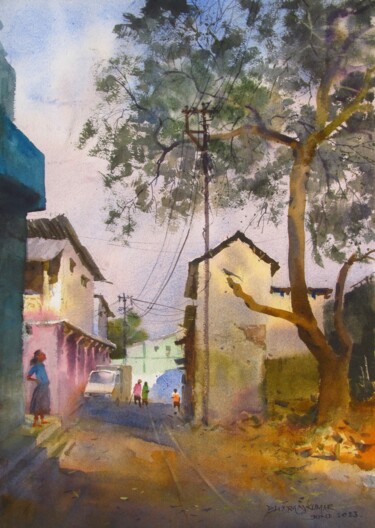 Malerei mit dem Titel "Village lane" von Bhargavkumar Kulkarni, Original-Kunstwerk, Aquarell