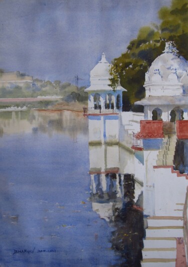 Pittura intitolato "White city,Udaipur 2" da Bhargavkumar Kulkarni, Opera d'arte originale, Acquarello
