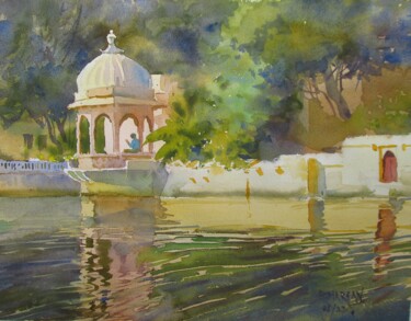 Painting titled "Lakeside,Udaipur" by Bhargavkumar Kulkarni, Original Artwork, Watercolor