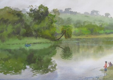 Painting titled "Lakeside in Monsoon" by Bhargavkumar Kulkarni, Original Artwork, Watercolor