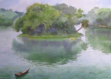 Painting titled "Island, lakeside" by Bhargavkumar Kulkarni, Original Artwork, Watercolor