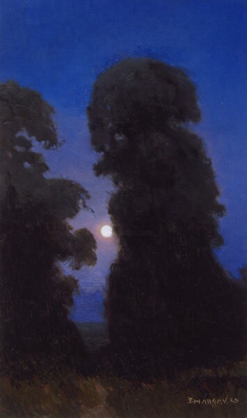 Картина под названием "Moonrise through tr…" - Bhargavkumar Kulkarni, Подлинное произведение искусства, Масло