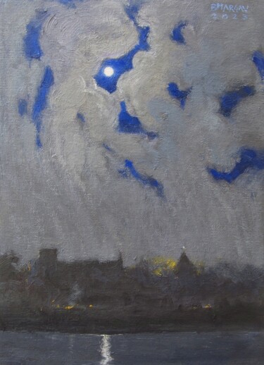Malerei mit dem Titel "Moonrise over Villa…" von Bhargavkumar Kulkarni, Original-Kunstwerk, Öl