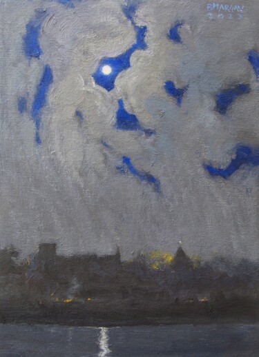 Schilderij getiteld "Moonrise over Villa…" door Bhargavkumar Kulkarni, Origineel Kunstwerk, Olie