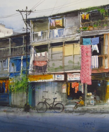 Картина под названием "Old city lane" - Bhargavkumar Kulkarni, Подлинное произведение искусства, Акварель