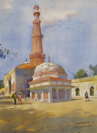 Pintura intitulada "Kutub minar 1" por Bhargavkumar Kulkarni, Obras de arte originais, Aquarela