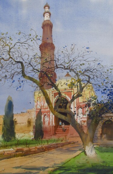 Schilderij getiteld "Delhi winter, Kutub…" door Bhargavkumar Kulkarni, Origineel Kunstwerk, Aquarel