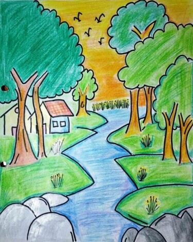 Рисунок под названием "The Seine River" - Bhaswati Bishoi, Подлинное произведение искусства, Пастель