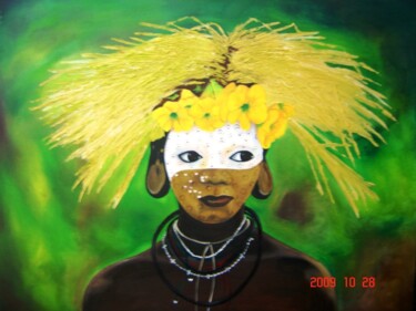 Painting titled "Mulher do Rio Omo" by Beatriz Mignone Rosa (Bia), Original Artwork, Oil Mounted on Wood Stretcher frame
