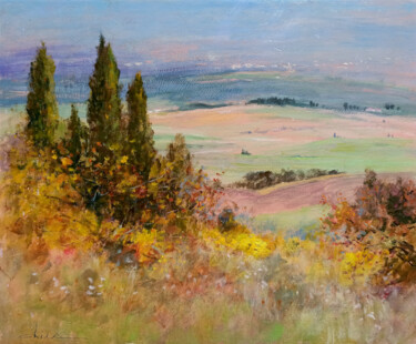 Pittura intitolato "Autumn landscape -…" da Biagio Chiesi, Opera d'arte originale, Olio Montato su Pannello di legno
