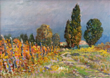 Pittura intitolato "Autumn vineyard - T…" da Biagio Chiesi, Opera d'arte originale, Olio Montato su Pannello di legno