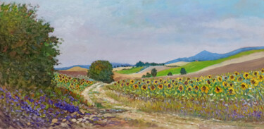 Malerei mit dem Titel "Sunflowers road - T…" von Biagio Chiesi, Original-Kunstwerk, Öl Auf Holzplatte montiert