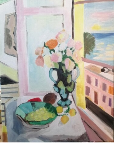 Malerei mit dem Titel "Fleurs devant une F…" von Bianca Loren, Original-Kunstwerk, Öl