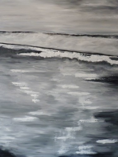 Painting titled "La mer toujours rec…" by Brigitte Bibard-Guillon, Original Artwork, Oil Mounted on Wood Stretcher frame