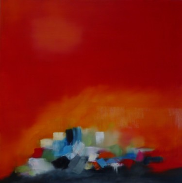 Painting titled "Confinement en rouge" by Brigitte Bibard-Guillon, Original Artwork, Oil Mounted on Wood Stretcher frame