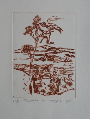 Druckgrafik mit dem Titel "Invitation au voyage" von Brigitte Bibard-Guillon, Original-Kunstwerk, Gravur