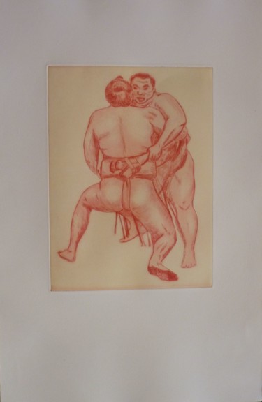 Druckgrafik mit dem Titel "Combat de sumos" von Brigitte Bibard-Guillon, Original-Kunstwerk, Gravur