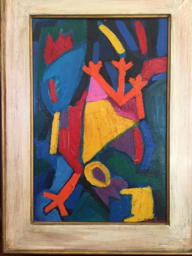 Painting titled "Rooster upside down" by Bice Perrini, Original Artwork, Oil Mounted on Wood Stretcher frame