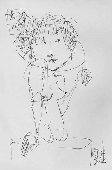 Desenho intitulada "Девушка с фруктами." por Bidzina Kavtaradze, Obras de arte originais, Tinta