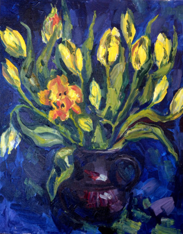 Картина под названием "yellow tulips" - Nataliya Novozhilova, Подлинное произведение искусства, Масло