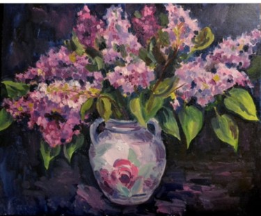 Painting titled "bouquet  lilac" by Nataliya Novozhilova, Original Artwork, Oil Mounted on Cardboard