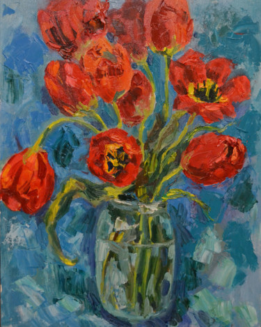 Картина под названием "Red Tulips" - Nataliya Novozhilova, Подлинное произведение искусства, Масло Установлен на картон