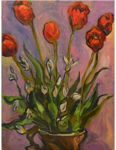Painting titled "Red tulips" by Nataliya Novozhilova, Original Artwork, Oil