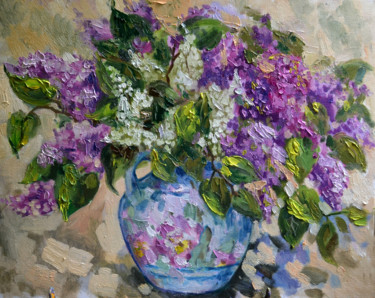 Painting titled "lilac" by Nataliya Novozhilova, Original Artwork, Oil Mounted on Cardboard