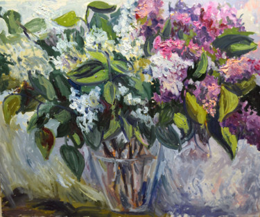 Painting titled "Lilac bouquet" by Nataliya Novozhilova, Original Artwork, Oil Mounted on Cardboard