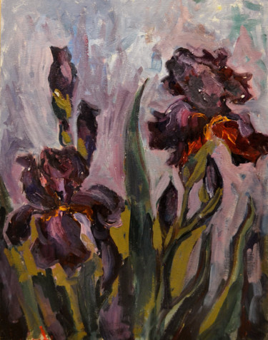 Painting titled "irises" by Nataliya Novozhilova, Original Artwork, Oil Mounted on Cardboard