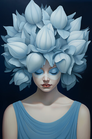 Arte digitale intitolato "Blue Flower Head Gi…" da Bilge Paksoylu, Opera d'arte originale, Immagine generata dall'IA