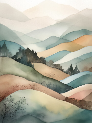 Digital Arts titled "Watercolour Landsca…" by Bilge Paksoylu, Original Artwork, AI generated image